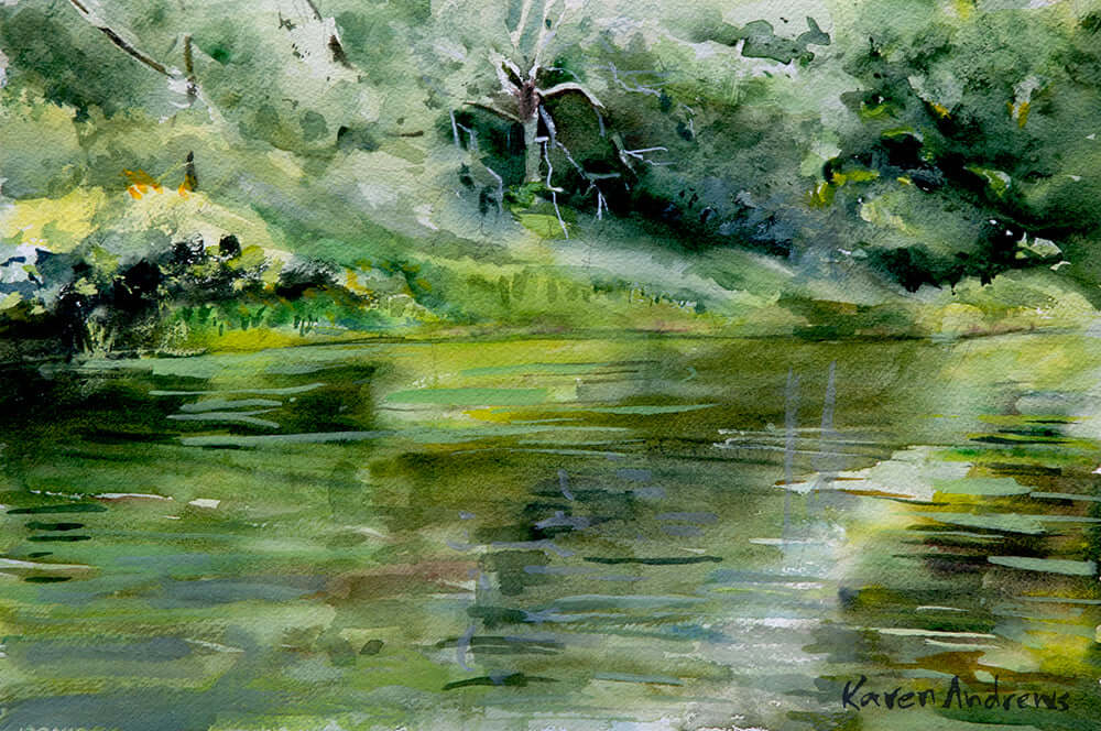 A richly painted river scene depicting the water and banks of the Housatonic River in Sheffield. This painting was done from a photograph taken while canoeing on the river.