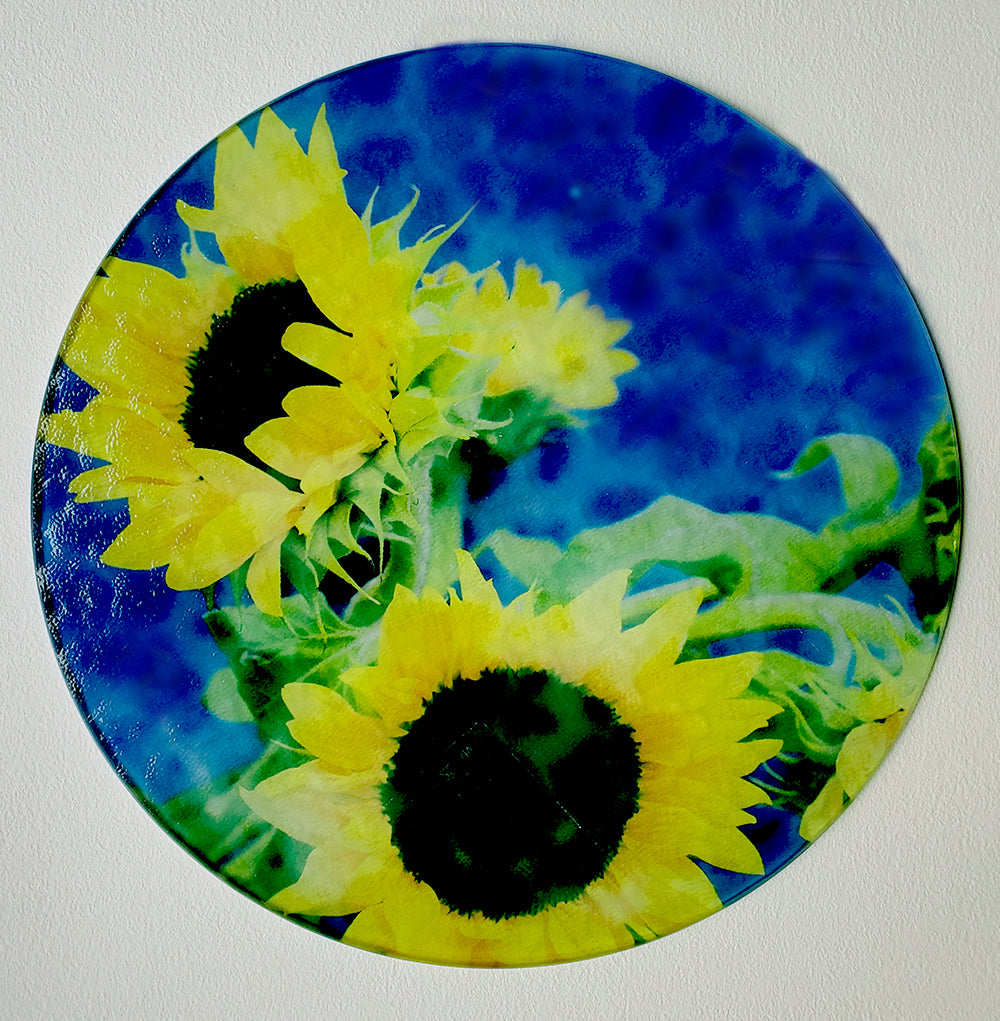Sunflower on Blue Round Glass Cutting Board